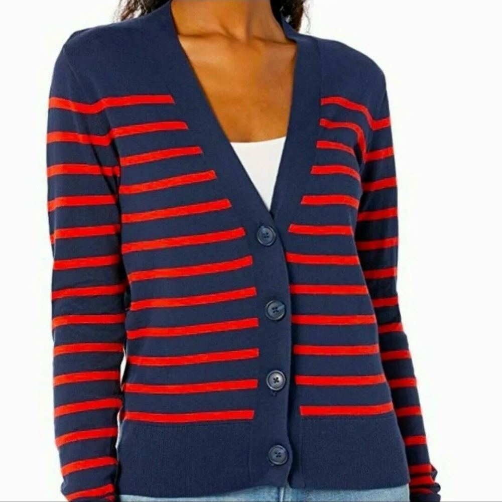 J.Crew Navy & Red Striped V-Neck Cardigan  M